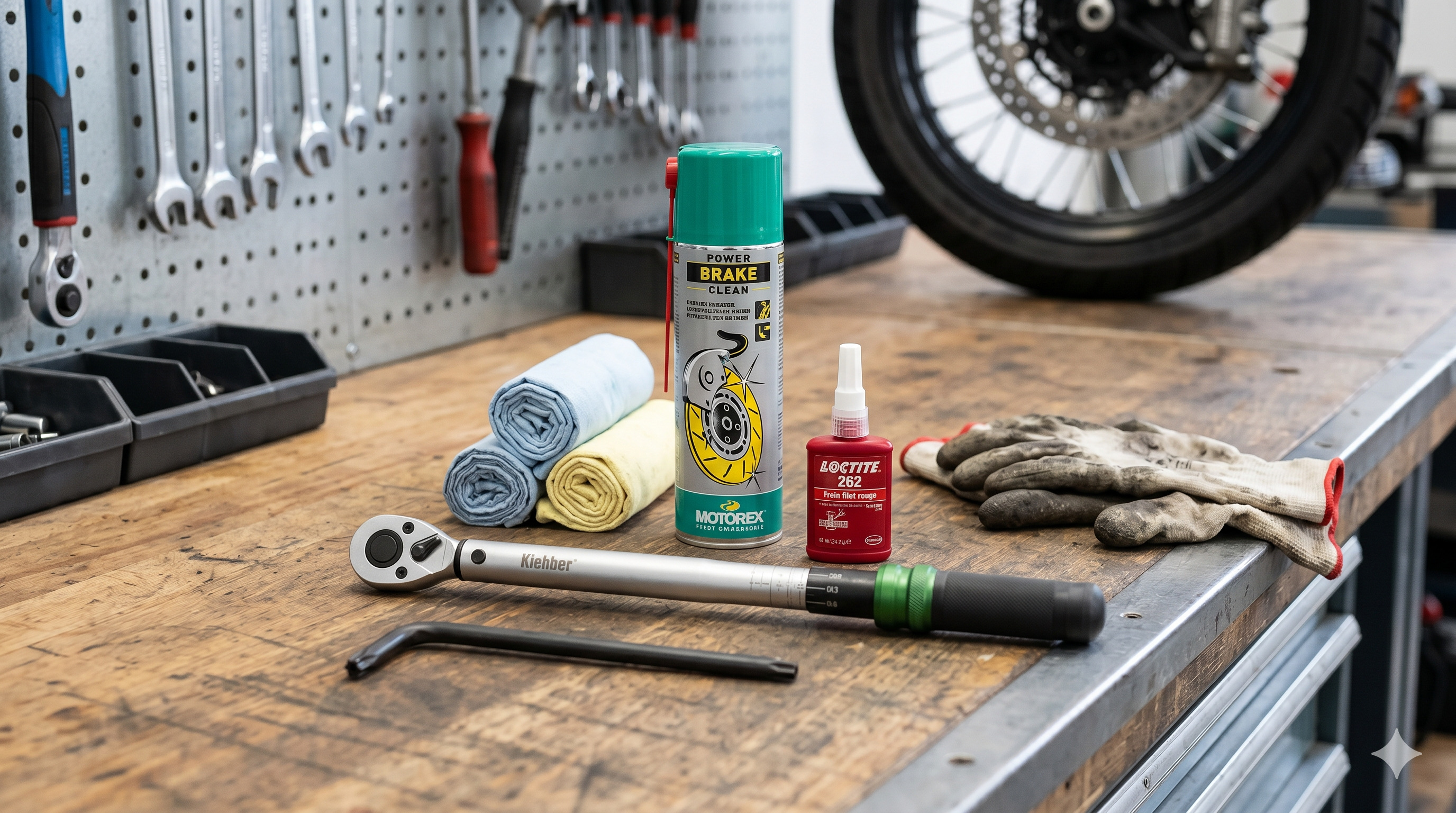 outillage posé sur un établi, clé dynamométrique, clé Torx T25, nettoyant frein Motorex, frein filet Loctite rouge, chiffons, gants, fond datelier propre